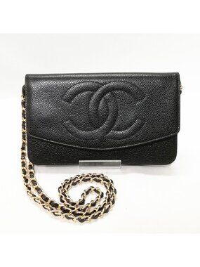 Chanel Caviar Leather Bifold Wallet Chain Black